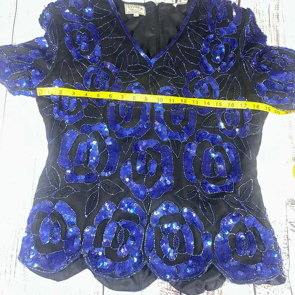 Stenay Vintage 100% Silk Blue Sequin Beaded Floral Rose Top Y2k Glam-L - Picture 3 of 5
